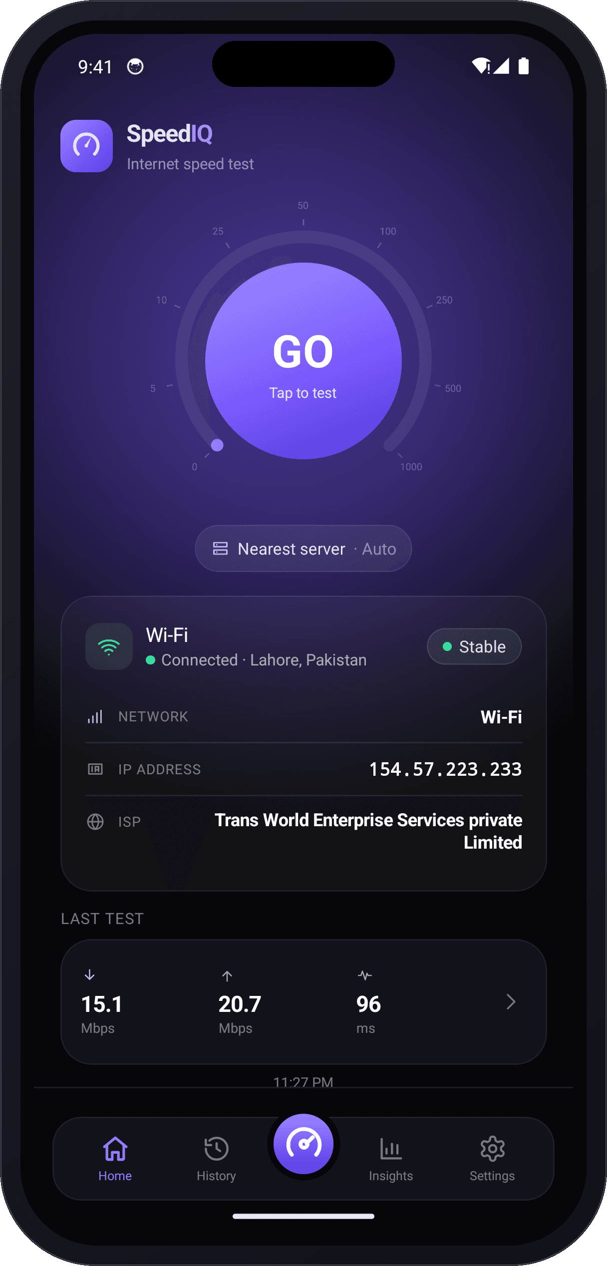 SpeedIQ app home screen on iPhone