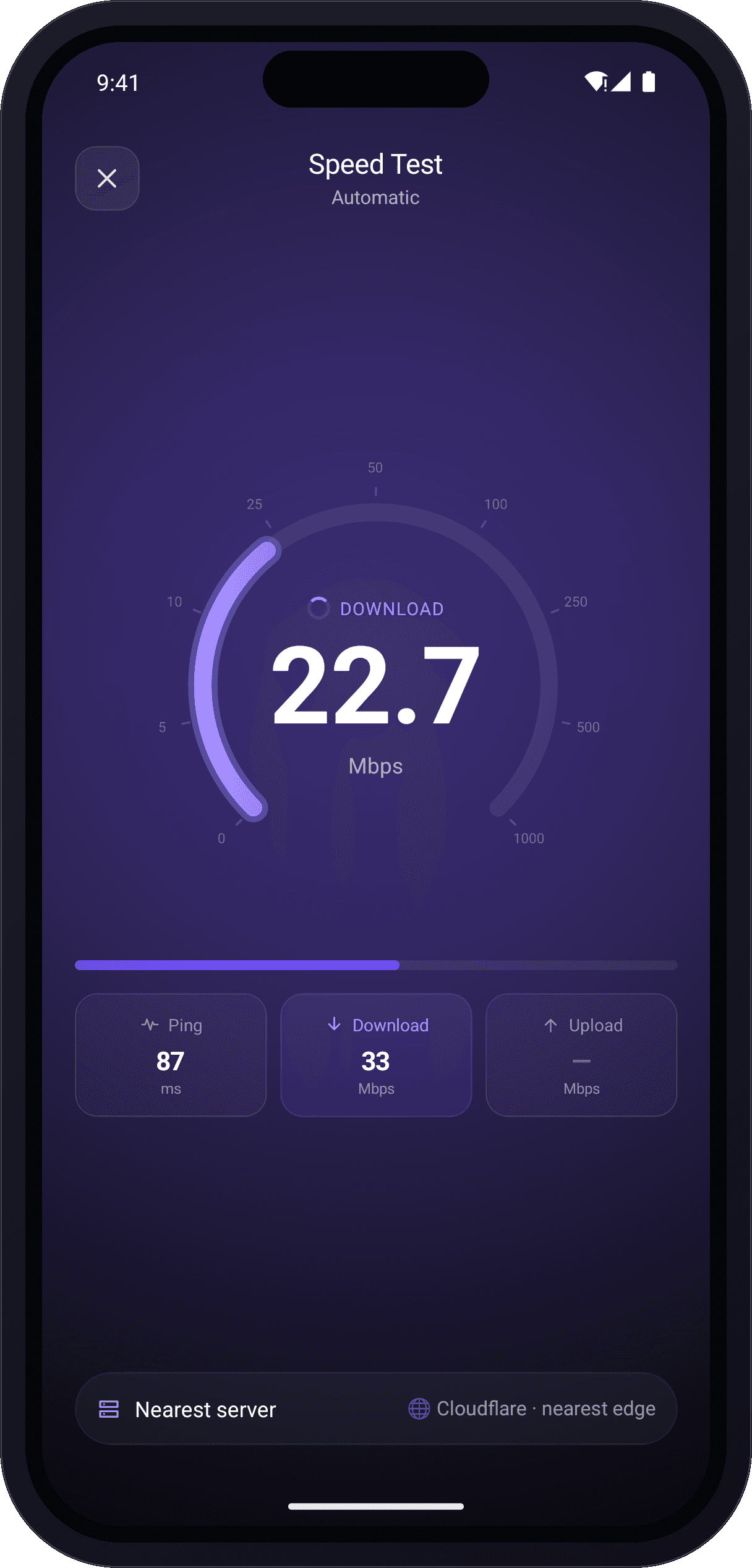 SpeedIQ speed test in progress on iPhone