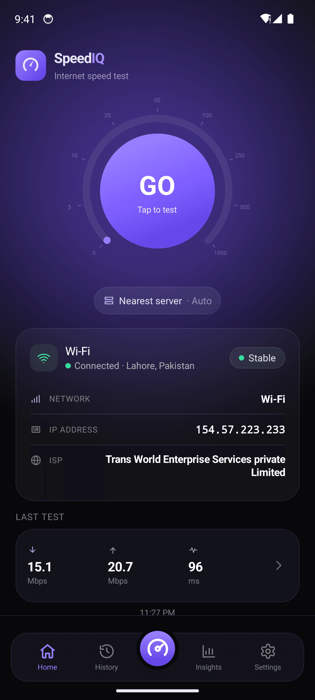 SpeedIQ app home screen on iPhone